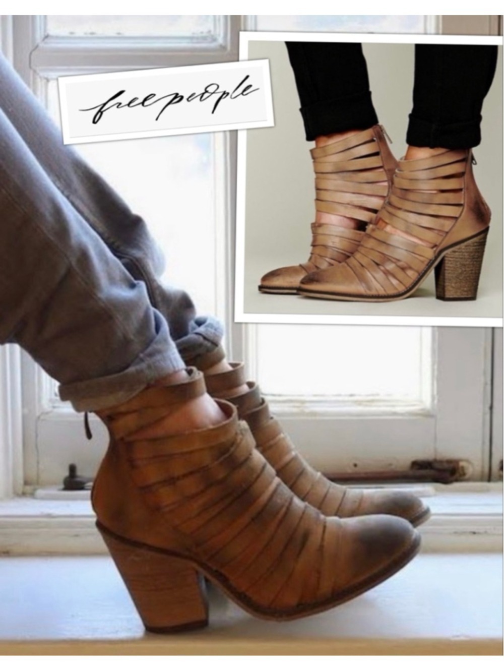 Free People Boho Western Cutout Distressed Leather Stacked Heel Booties size 7